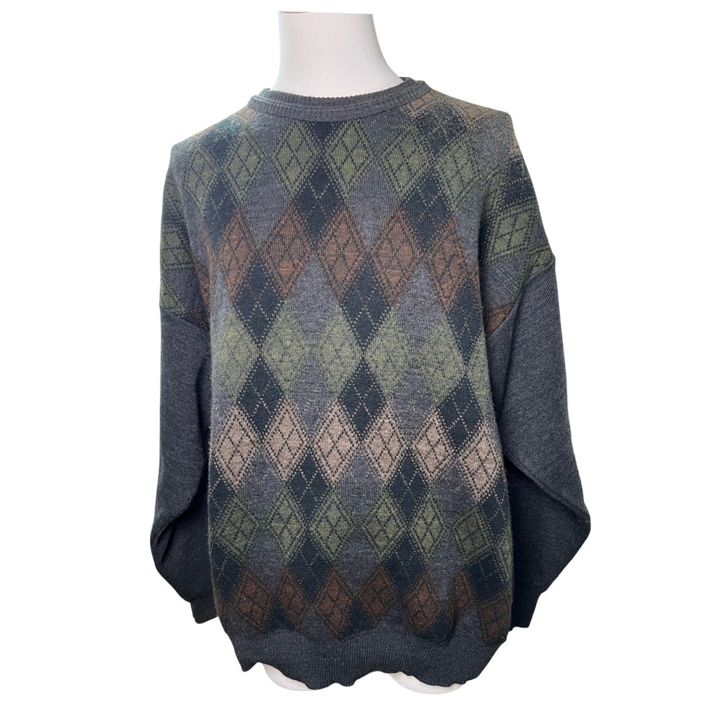 Grandpacore Preppy Argyle Wool Blend Sweater Gray‎ Green Brown Vintage Men L